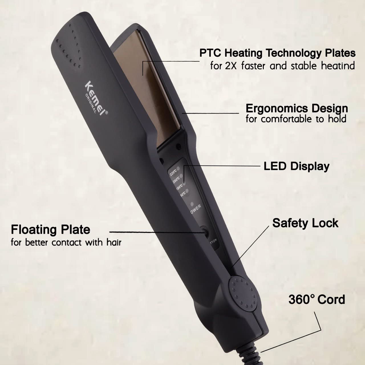 Authentic Kemei KM-329 Professional Hair Straightener | 40W Rapid Heating (160°C-220°C)