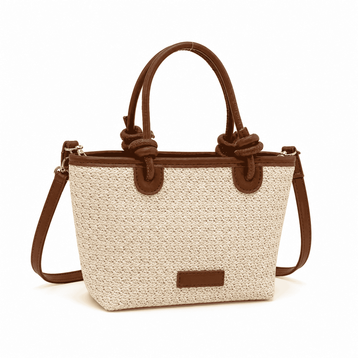 Cream & Brown Straw Top Handle Shoulder Bag