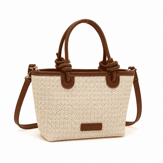 Cream & Brown Straw Top Handle Shoulder Bag