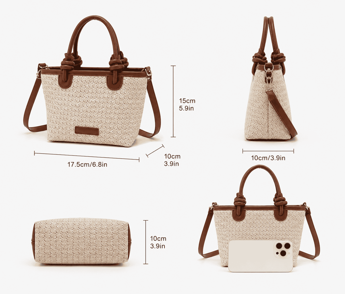 Cream & Brown Straw Top Handle Shoulder Bag