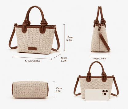 Cream & Brown Straw Top Handle Shoulder Bag