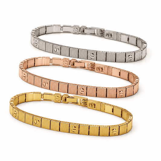 Tri-Tone Ribbed Link Bracelet Set