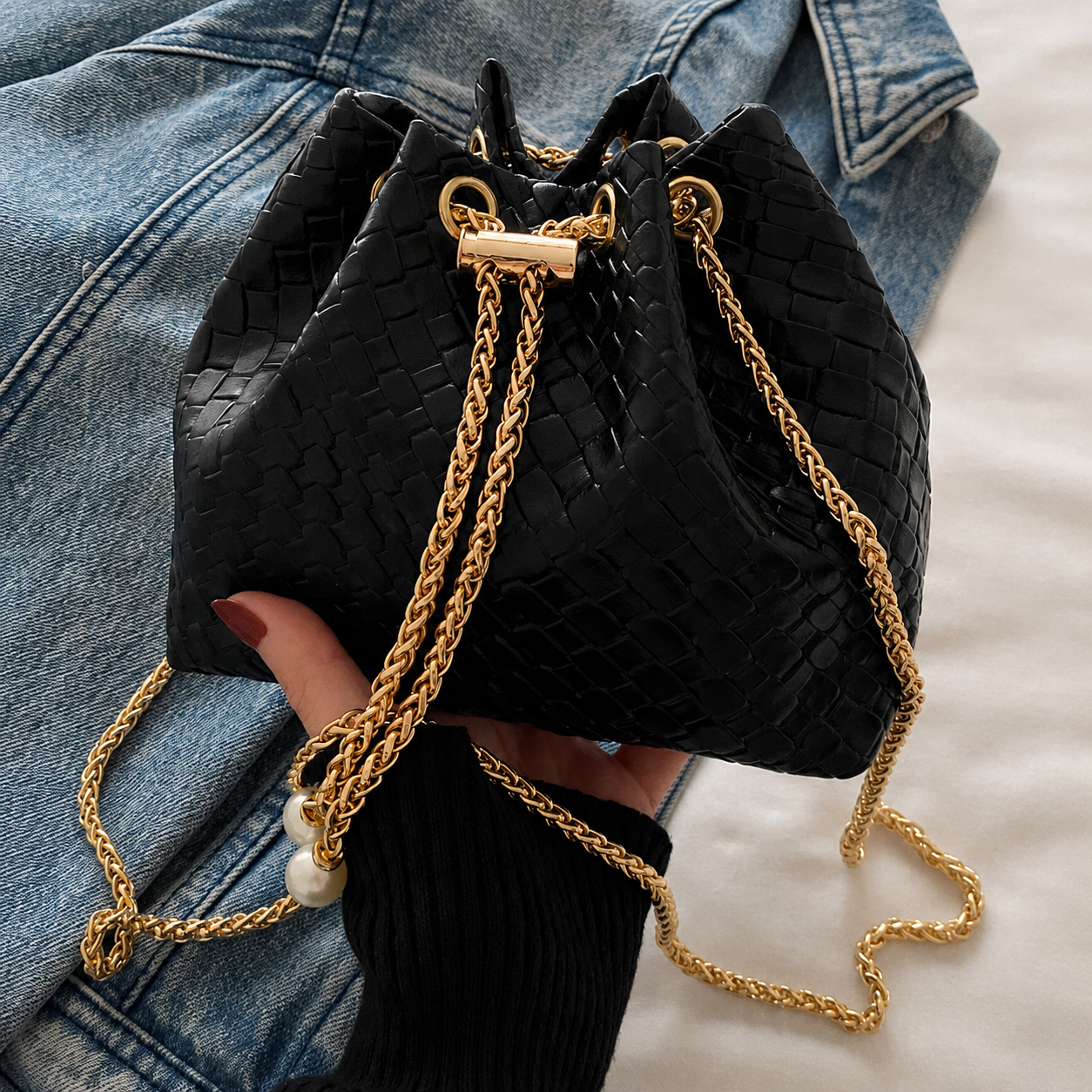 Pearl Chain Woven Bucket Bag