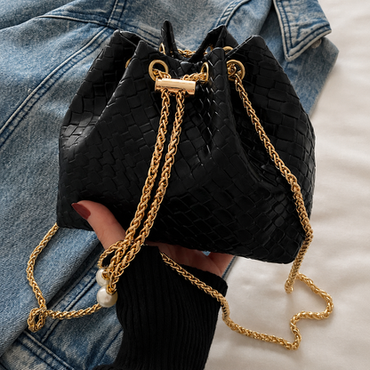 Pearl Chain Woven Bucket Bag