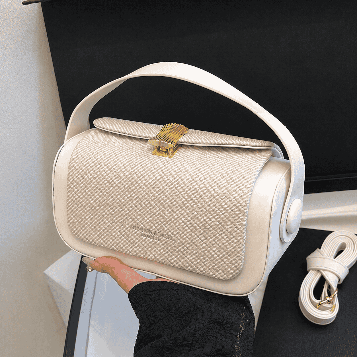 Ivory Textured Box Shoulder Bag