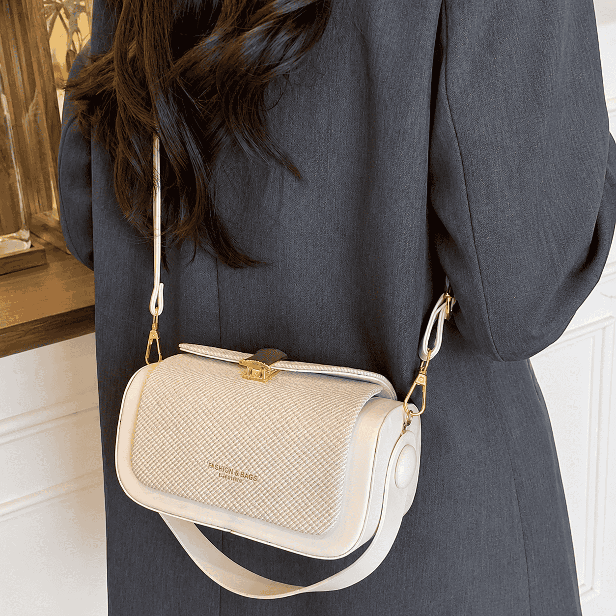 Ivory Textured Box Shoulder Bag