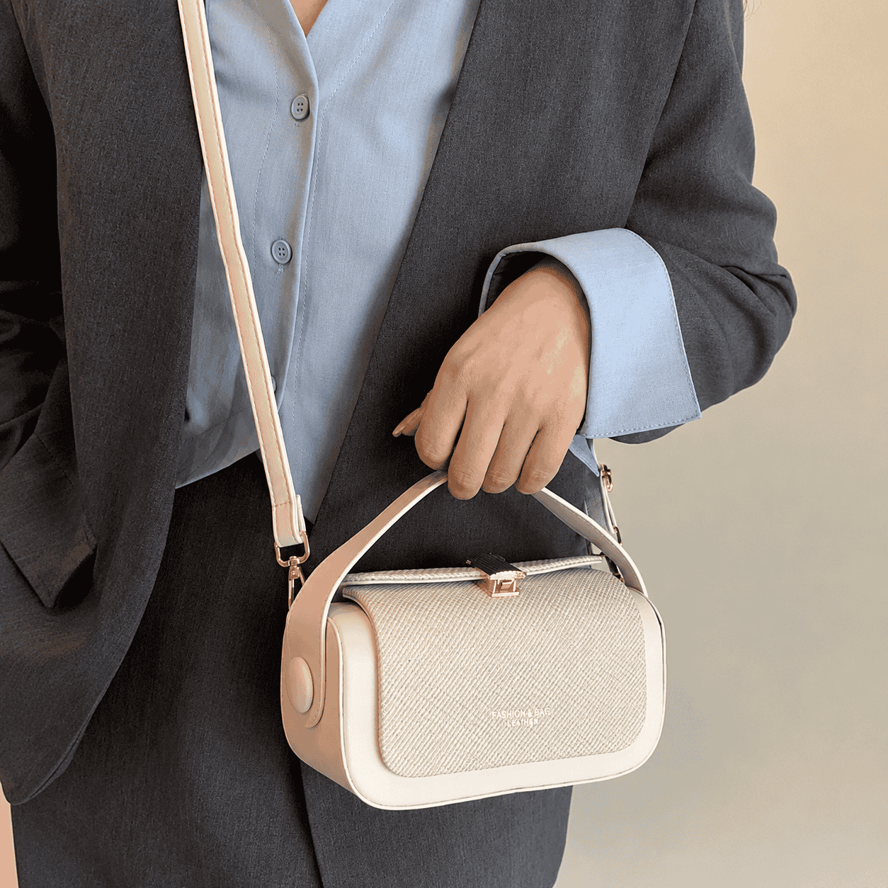 Ivory Textured Box Shoulder Bag