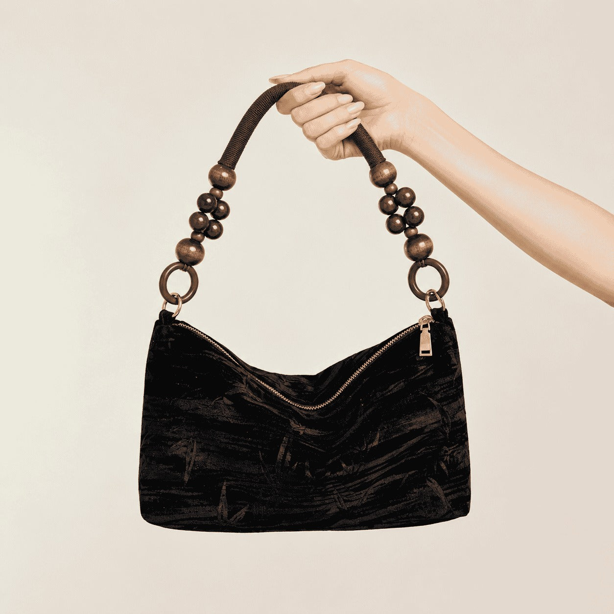 Black Velvet Beaded Handle Bag