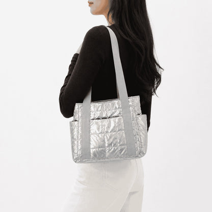 Silver Quilted Puffer Tote Bag