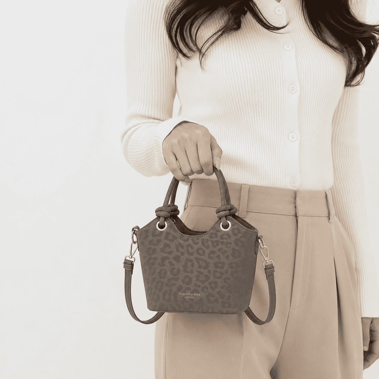 Taupe Leopard Mini Bucket Bag