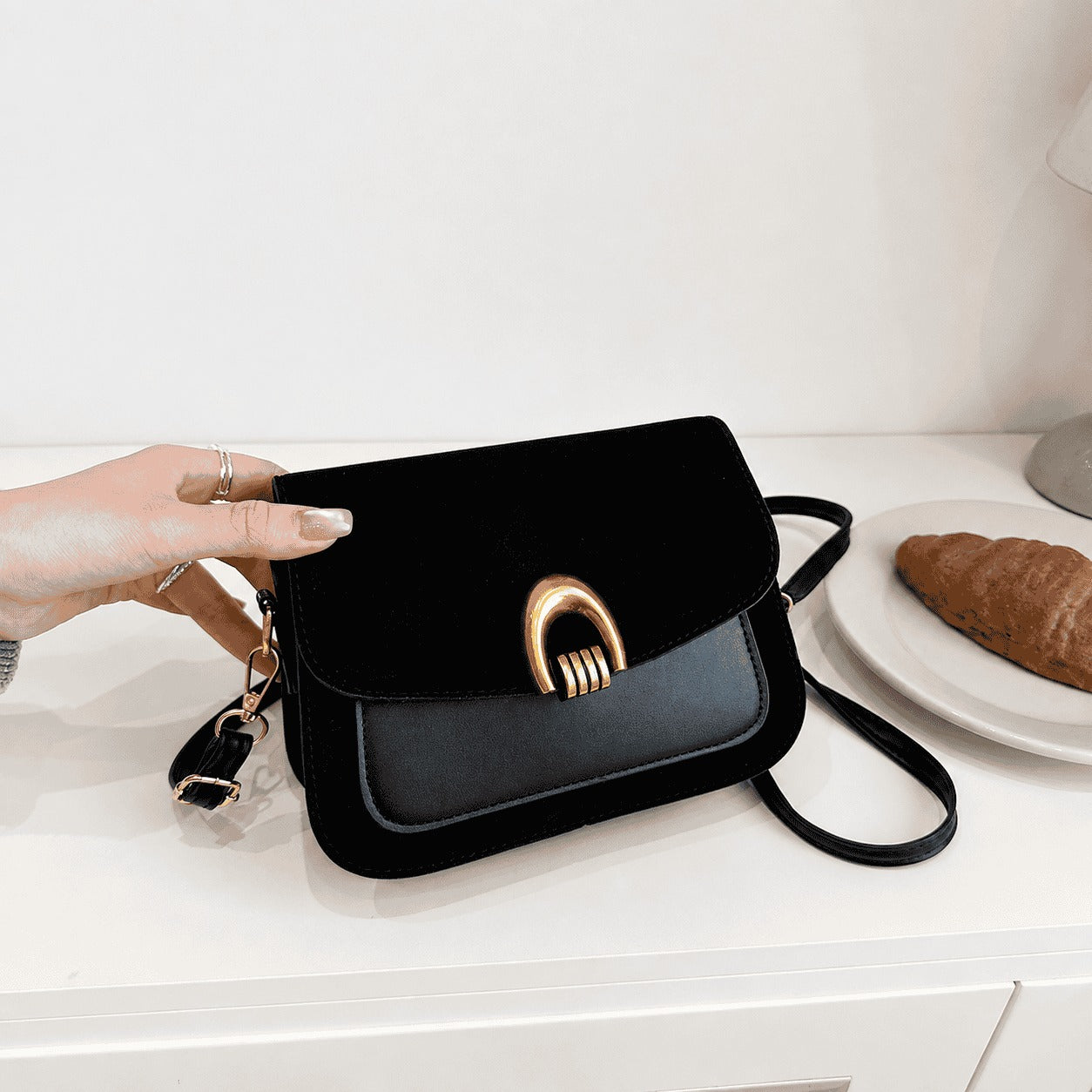Black Velvet Gold Buckle Crossbody Bag