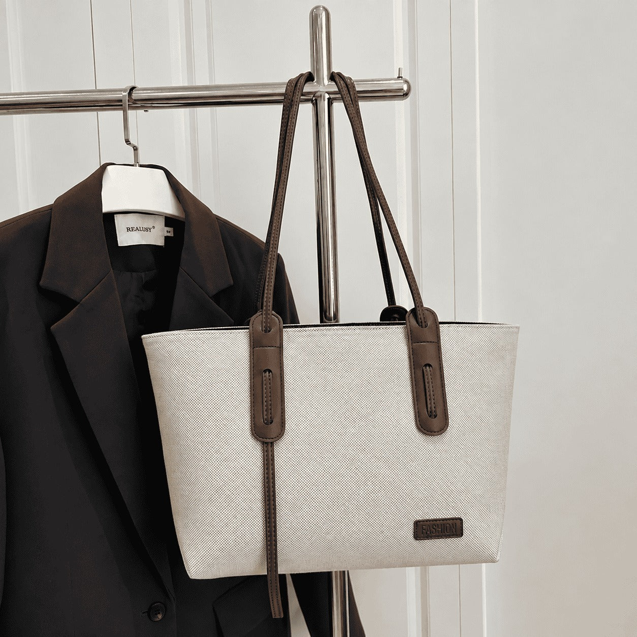 Ivory Canvas Brown Strap Tote Bag