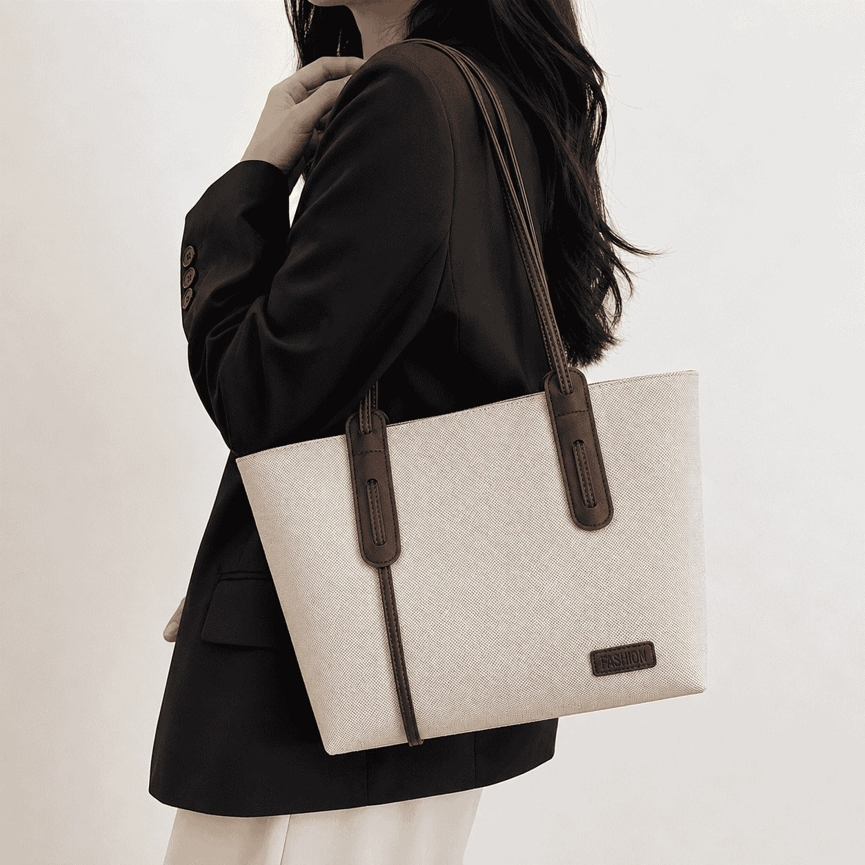 Ivory Canvas Brown Strap Tote Bag