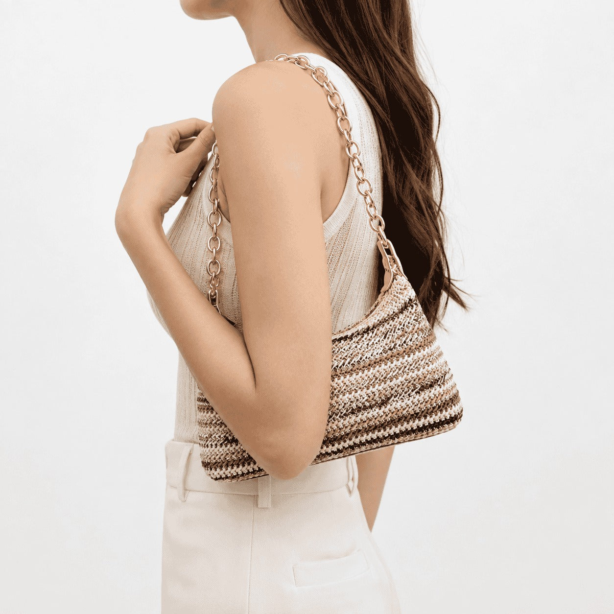Neutral Woven Chain Shoulder Bag