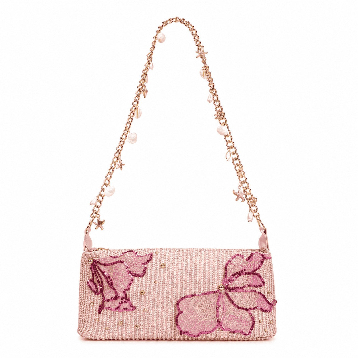 Pink Butterfly Beaded Shoulder Bag