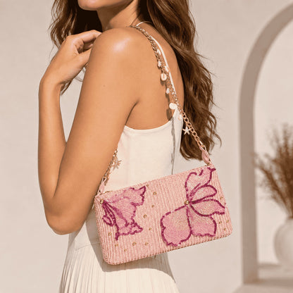 Pink Butterfly Beaded Shoulder Bag