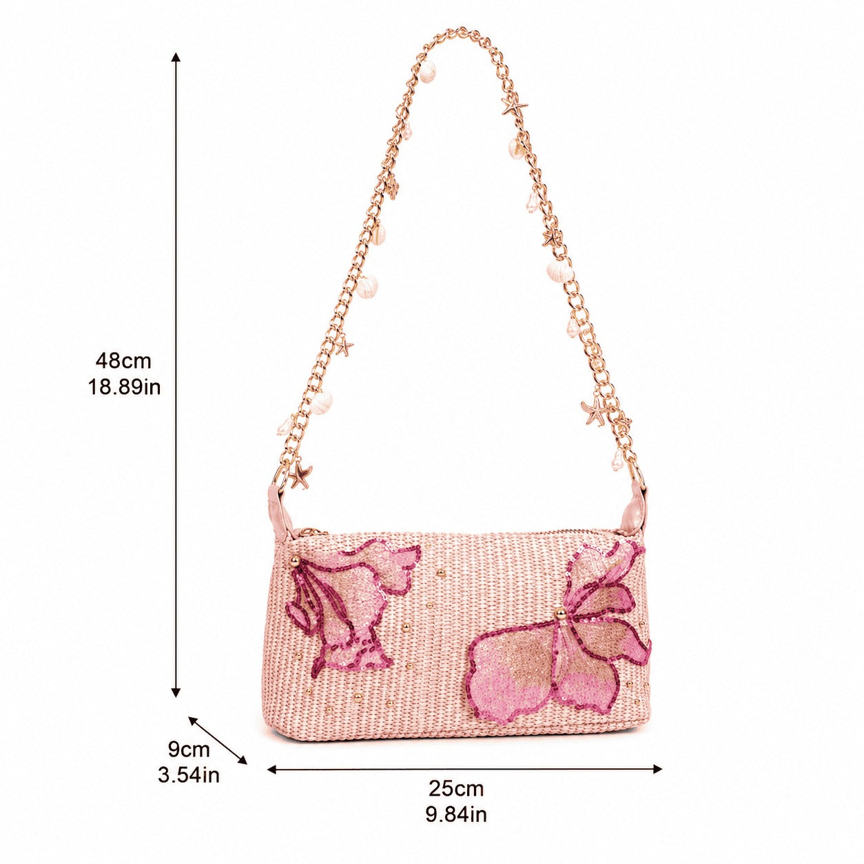 Pink Butterfly Beaded Shoulder Bag