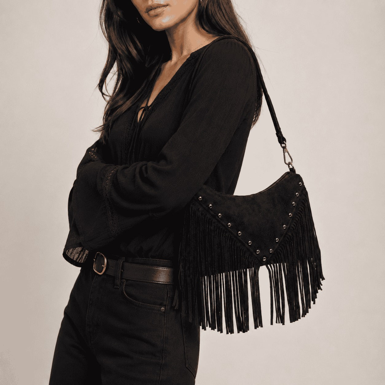 Black Fringe Stud Shoulder Bag