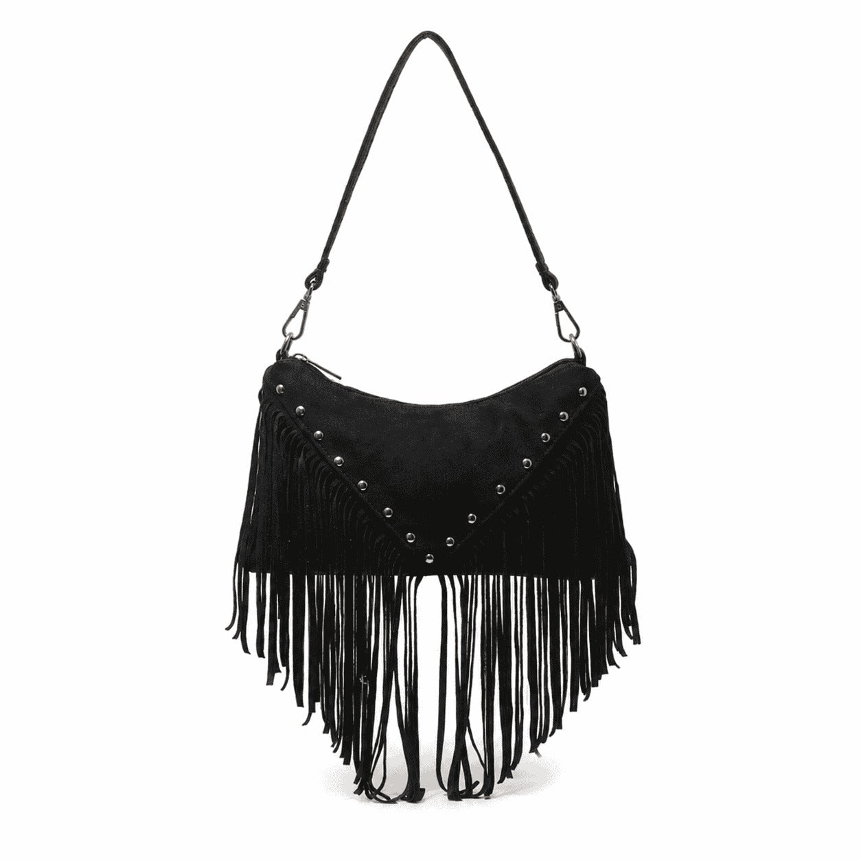Black Fringe Stud Shoulder Bag