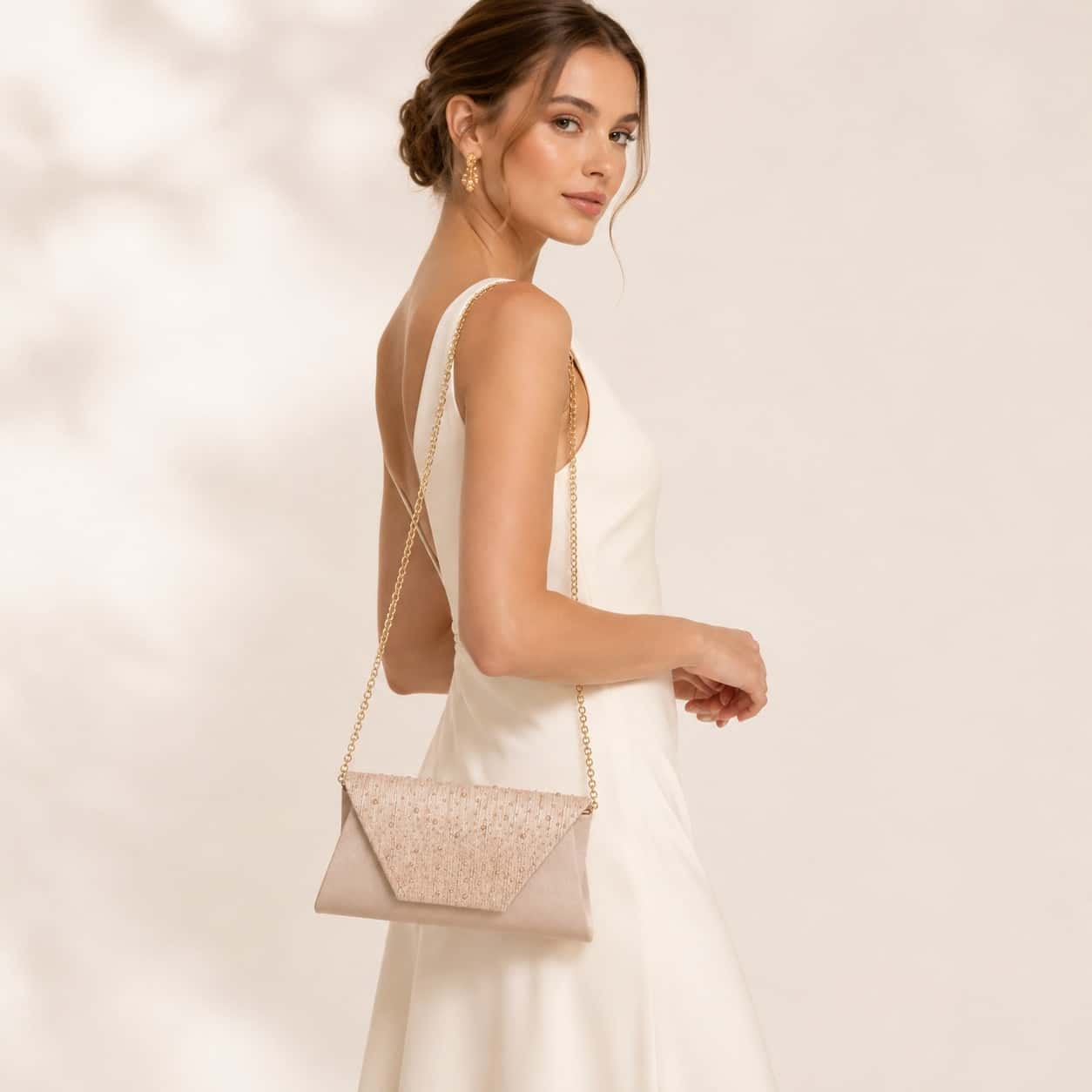 Champagne Beaded Envelope Crossbody Bag