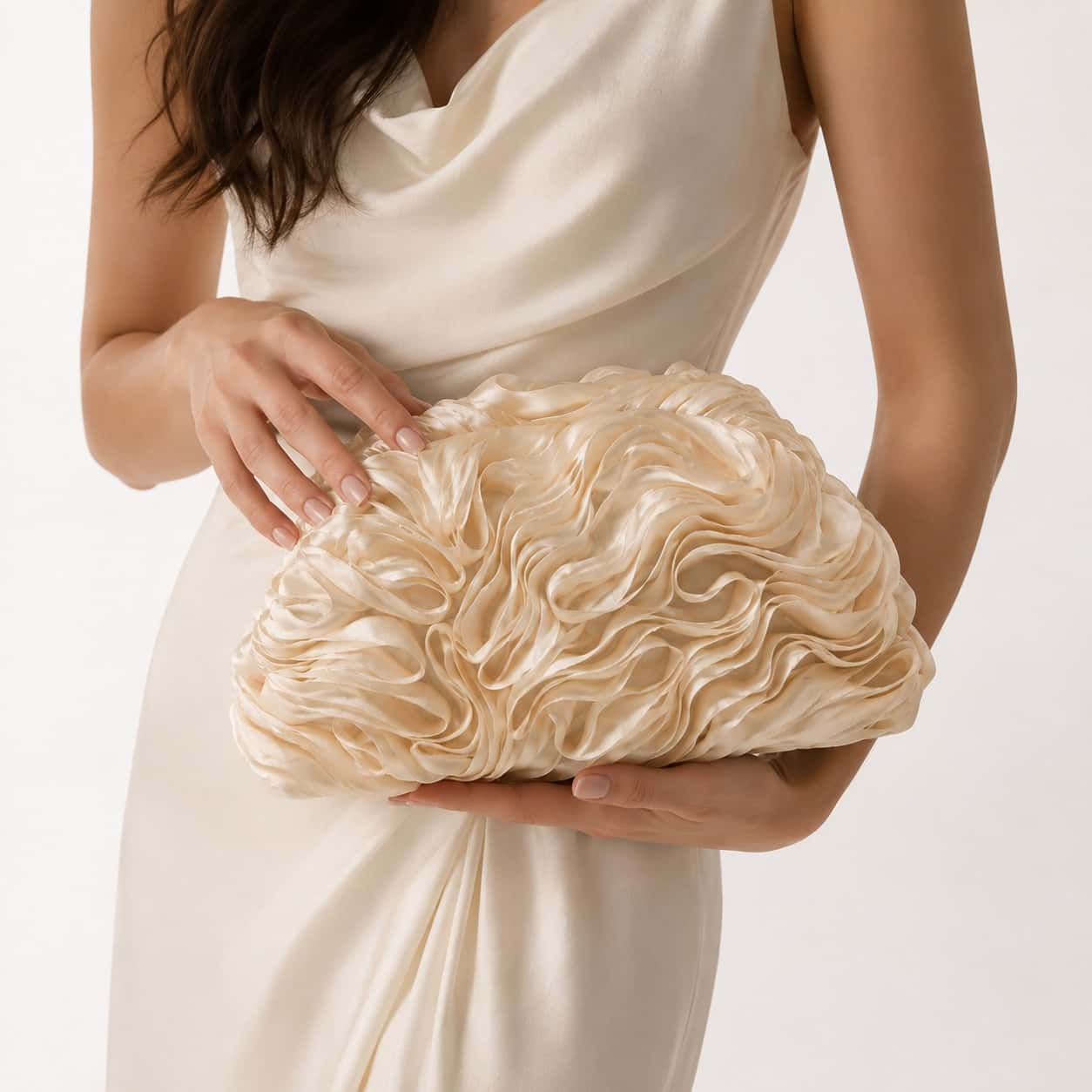 Ivory Ruffle Evening Clutch Bag