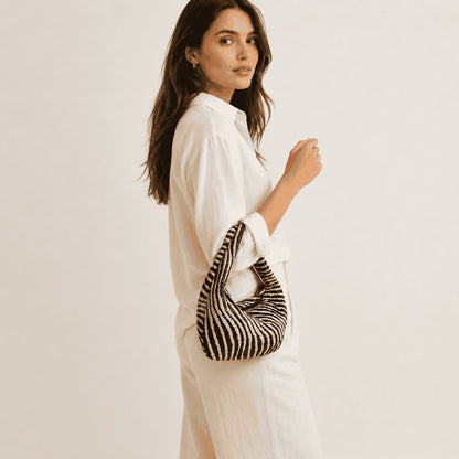Black & Ivory Striped Mini Hobo Bag