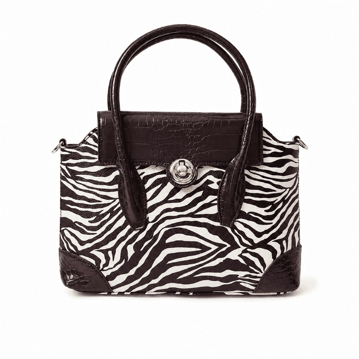 Zebra Print Croc-Trim Top Handle Bag