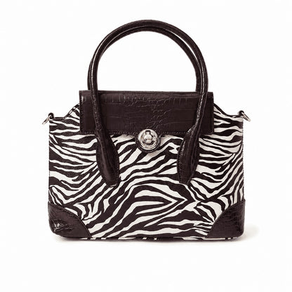 Zebra Print Croc-Trim Top Handle Bag