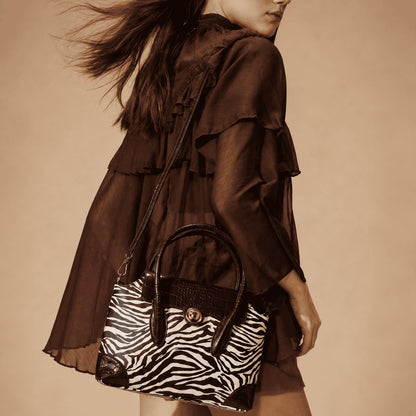 Zebra Print Croc-Trim Top Handle Bag