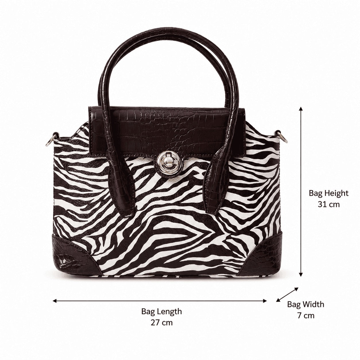 Zebra Print Croc-Trim Top Handle Bag