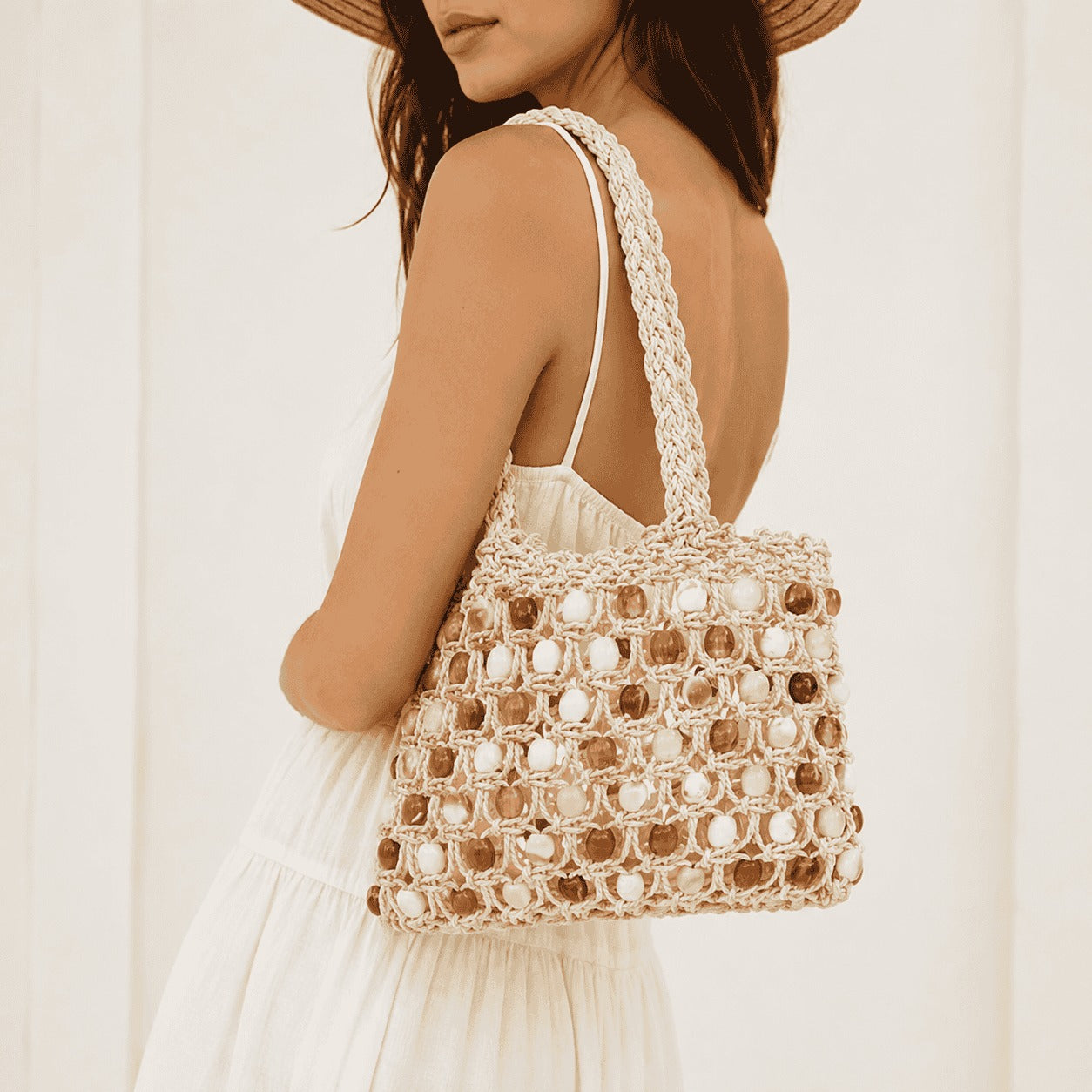 Ivory Beaded Crochet Tote Bag