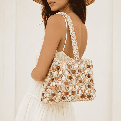 Ivory Beaded Crochet Tote Bag