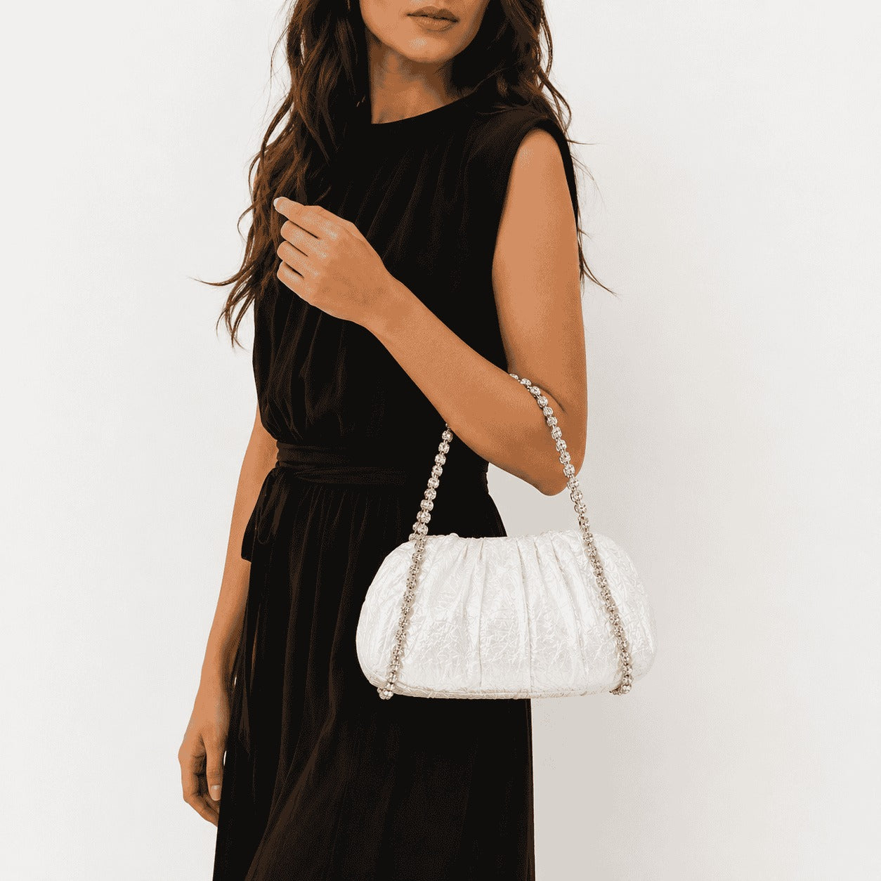 Ivory Ruched Rhinestone Shoulder Bag