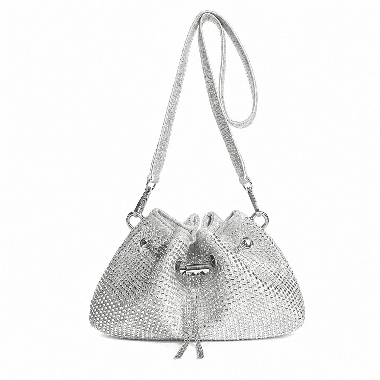 Silver Rhinestone Drawstring Shoulder Bag