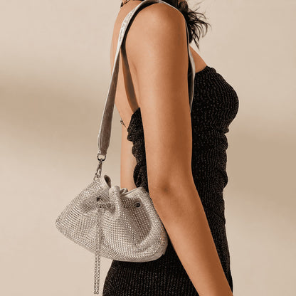 Silver Rhinestone Drawstring Shoulder Bag