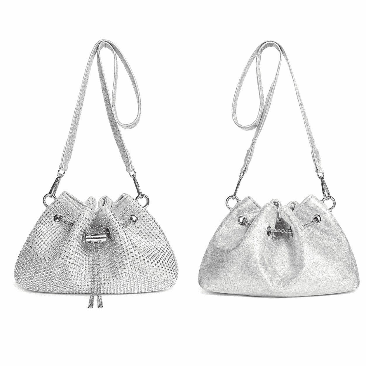 Silver Rhinestone Drawstring Shoulder Bag