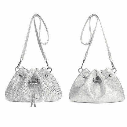 Silver Rhinestone Drawstring Shoulder Bag