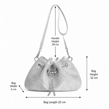 Silver Rhinestone Drawstring Shoulder Bag