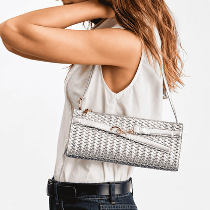 Silver Woven Slim Shoulder Bag