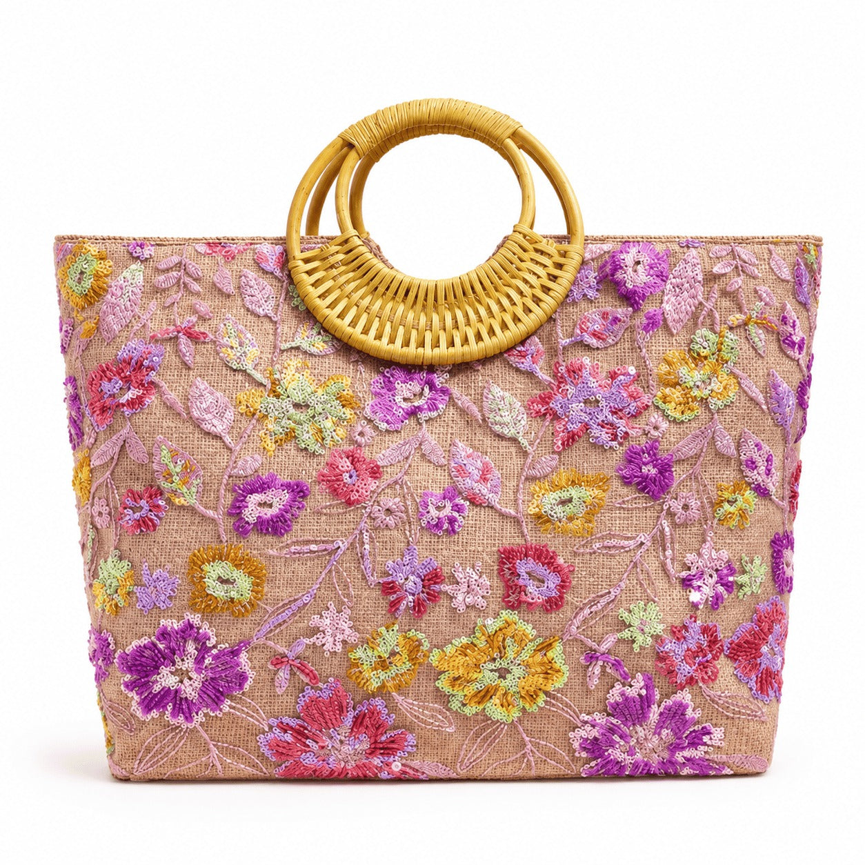 Floral Embroidered Straw Tote Bag