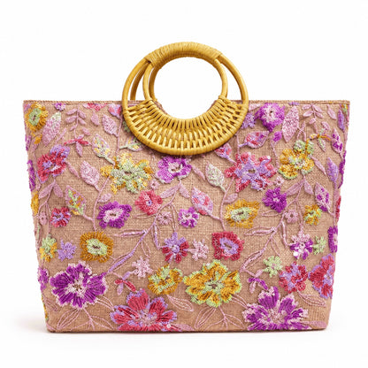 Floral Embroidered Straw Tote Bag