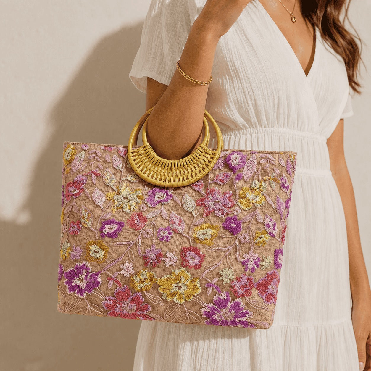 Floral Embroidered Straw Tote Bag