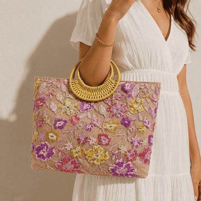 Floral Embroidered Straw Tote Bag