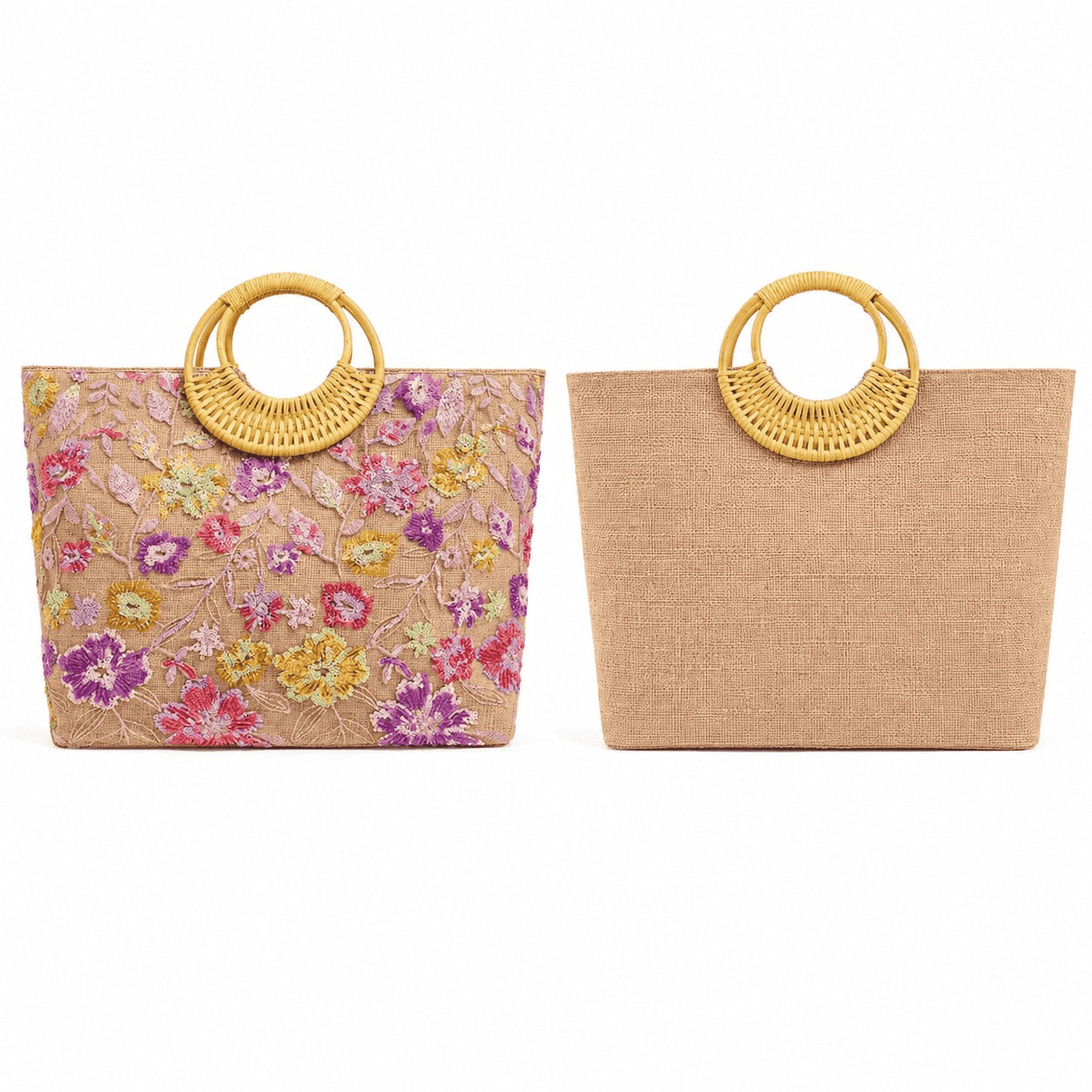 Floral Embroidered Straw Tote Bag