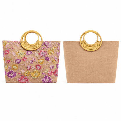 Floral Embroidered Straw Tote Bag