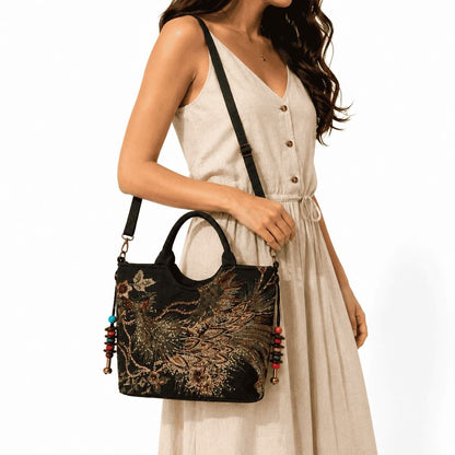 Embroidered Peacock Shoulder Handbag