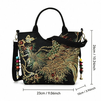 Embroidered Peacock Shoulder Handbag
