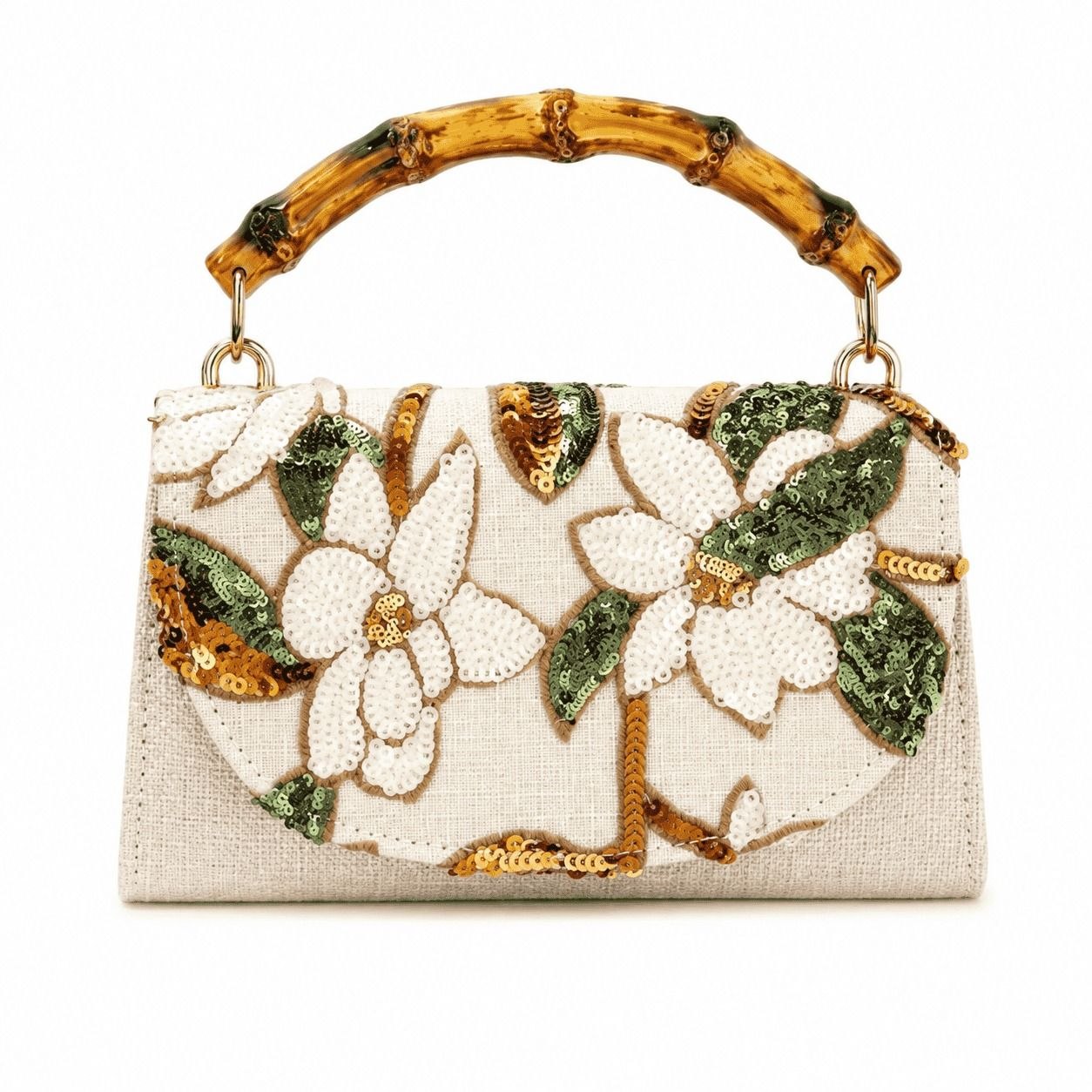 Embroidered Floral Bamboo Handle Bag