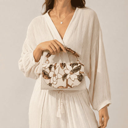 Embroidered Floral Bamboo Handle Bag